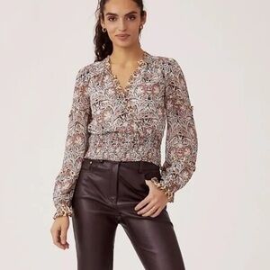 Anthropologie Floral Print Ruffle Blouse, Smocked Waist, V Neck, Brown/Cream, XS